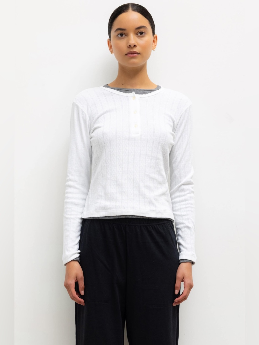 LESET Pointelle White Cotton Long Sleeve Henley Size S